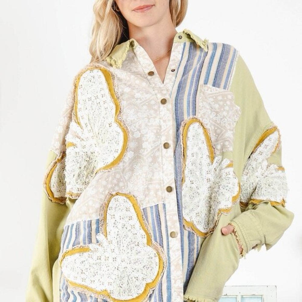 Blue Velvet Butterfly Appliqué Patchwork Button-Up Shirt Shacket L